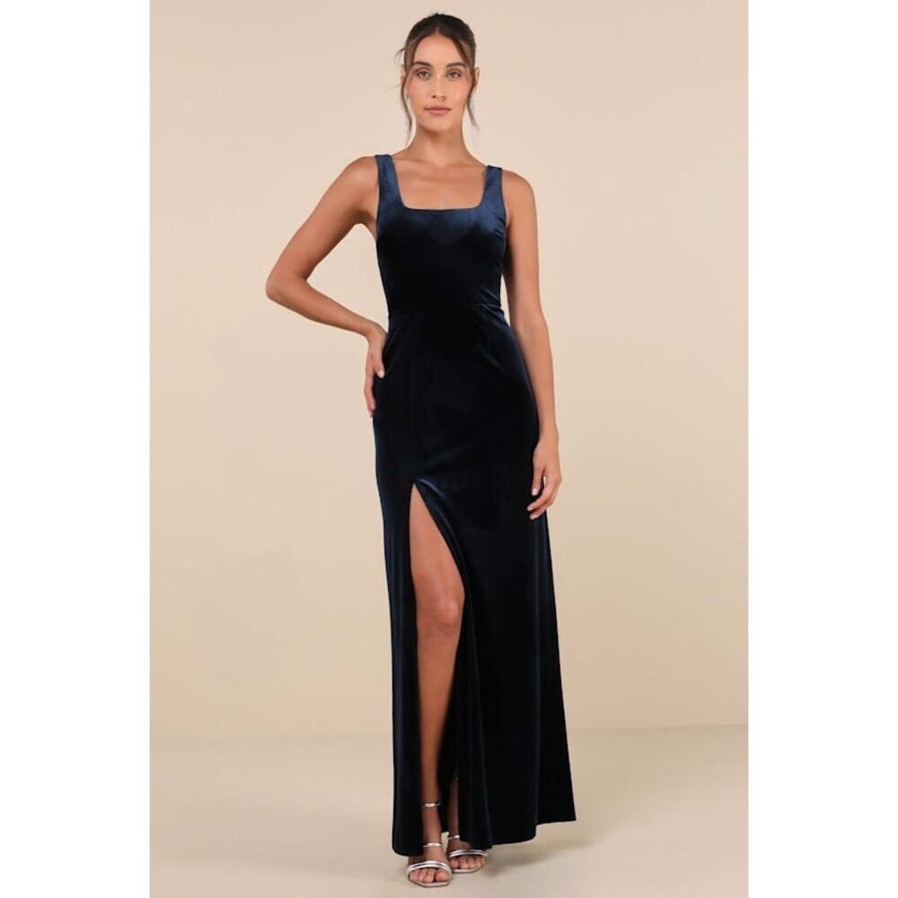 Lulus Elegant Sweetie Dark Navy Velvet Square Neck Maxi Dress Blue